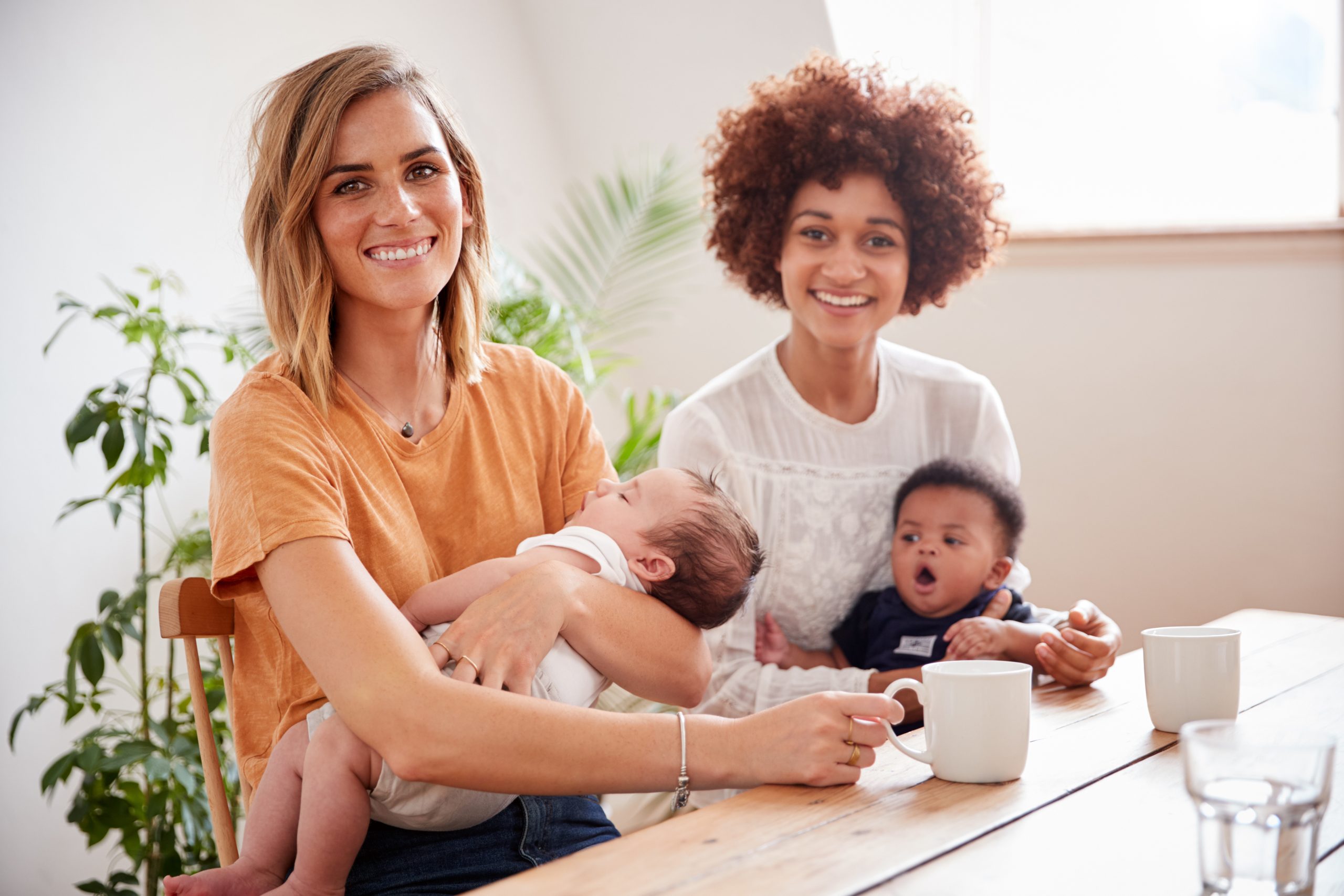 Portrait Of Two Mothers With Babies Meeting Around Table On Play Date At Home